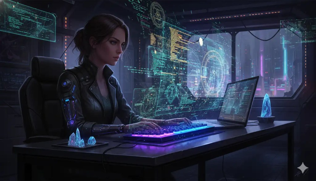 Спокойный программист, стоящий между хаотичной бурей